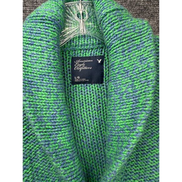 Vintage Y2K American Eagle Shawl Collar Sweater Large Marled Green Blue Grandpa - Picture 2 of 9